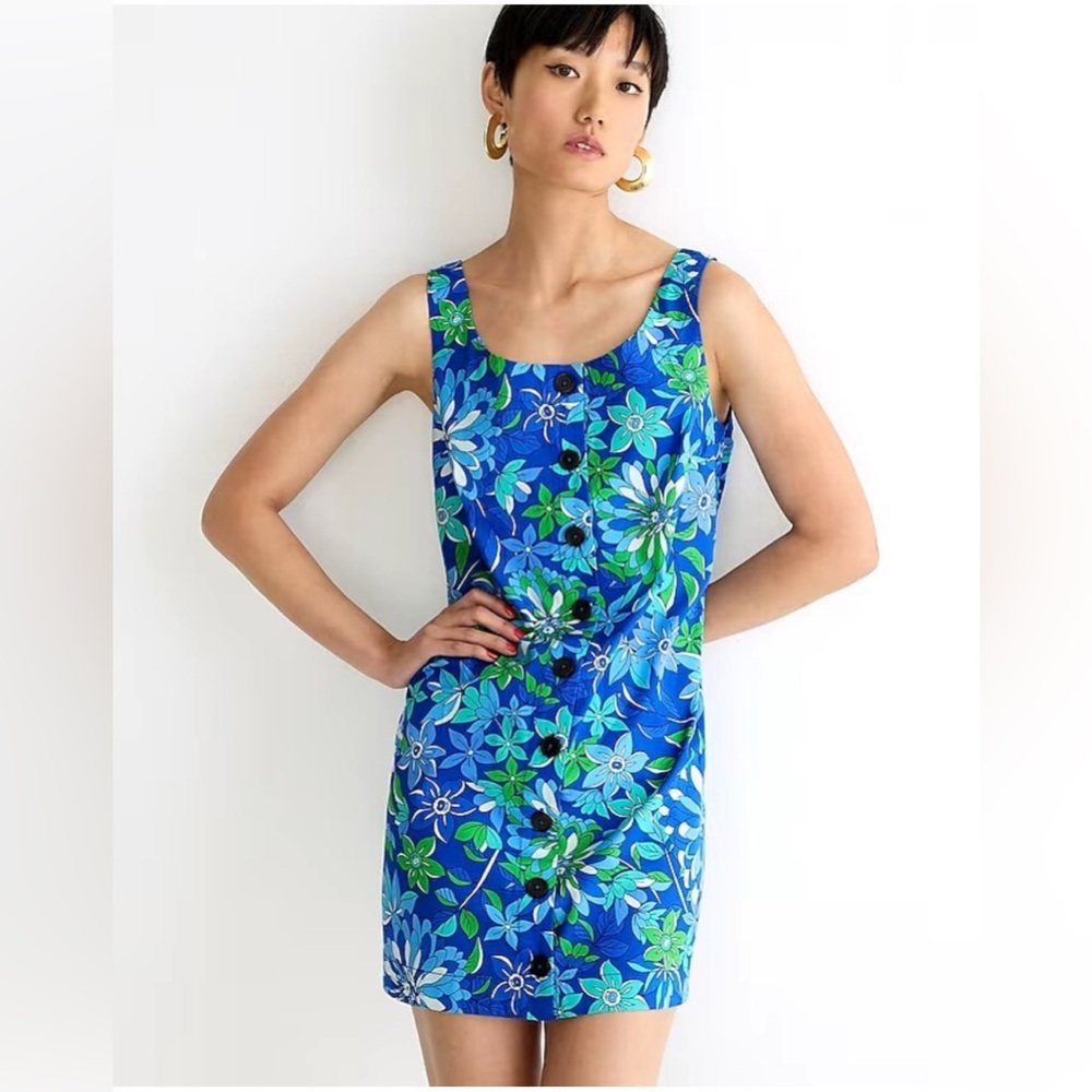 JCrew Button-front Shift Dress in Cobalt Blue & Green Floral Sleeveless Size S